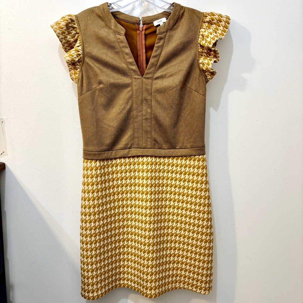 Voy Faux Suede & Houndstooth Sheath Dress with Flutter Cap Sleeves MCM Small‎